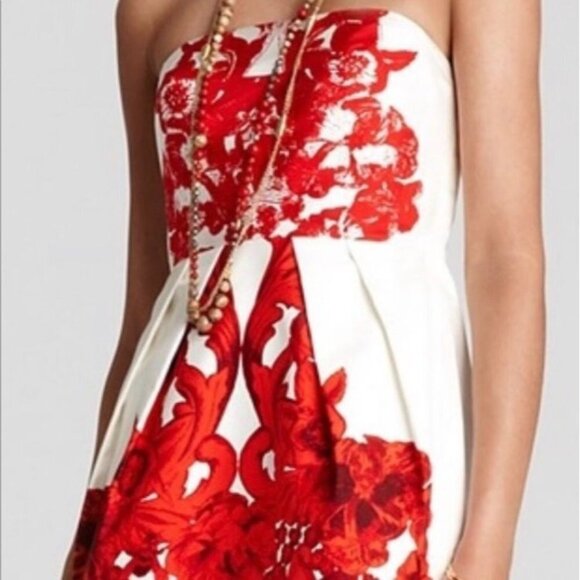 Tibi Rococo Vibrant Red and Cream 100% Silk Floral Boned Strapless Cocktail Dres - Picture 2 of 8